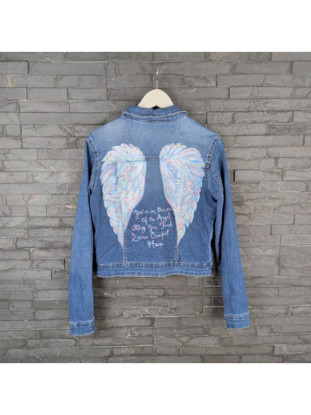 Y2K Jean Jacket Art Painted Upcycled Grunge Whimsigoth Boho Angel Wings Wom M